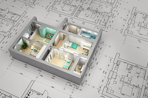 Eine 3D gerenderte Wohnung auf einen Arbeitsplan